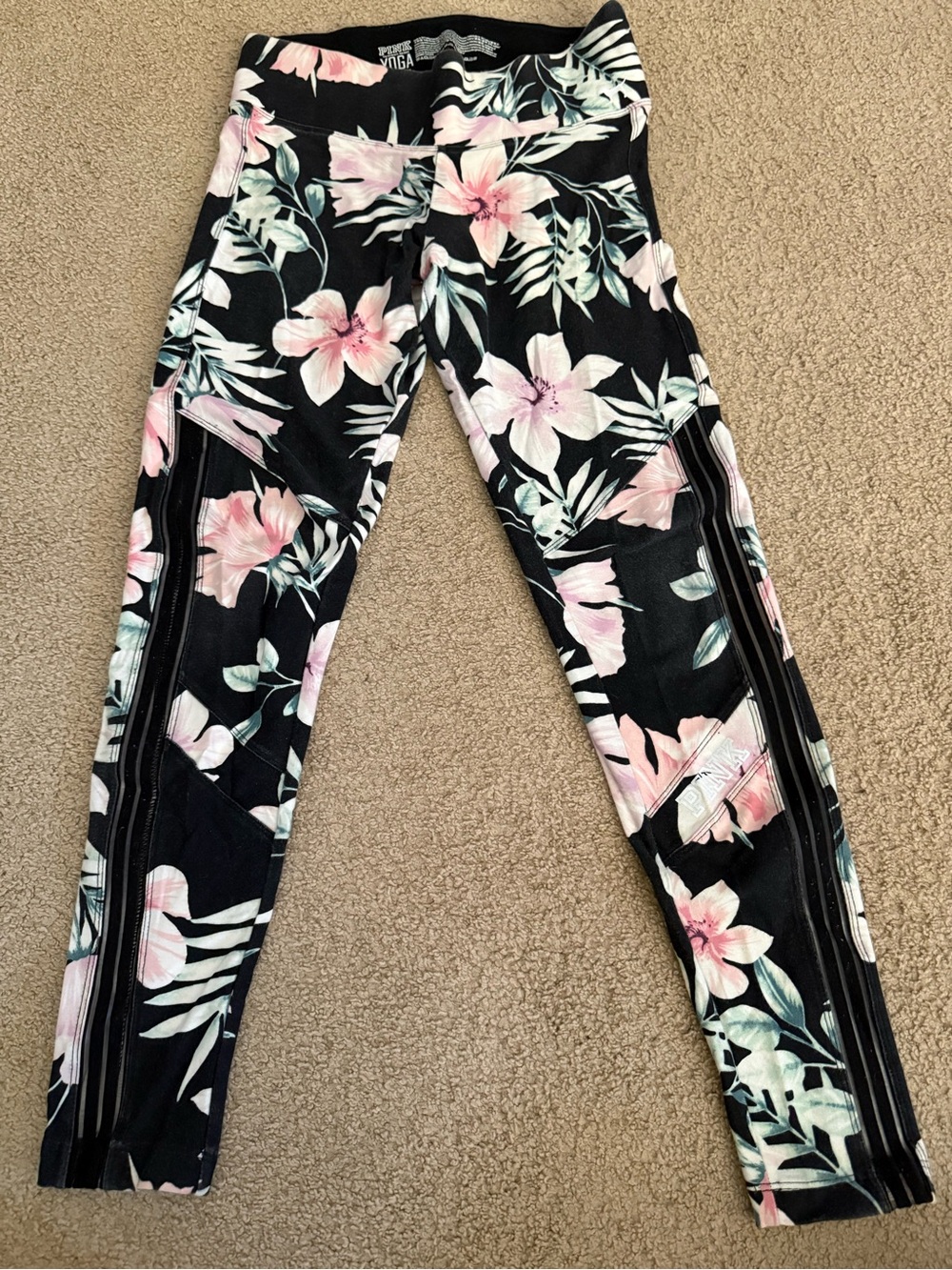 Victoria's Secret Floral Print Leggings - Black with Pink & Green